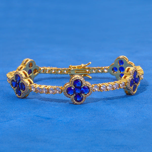 Blue Clover Flower Tennis Bracelet, 18k Gold Plated