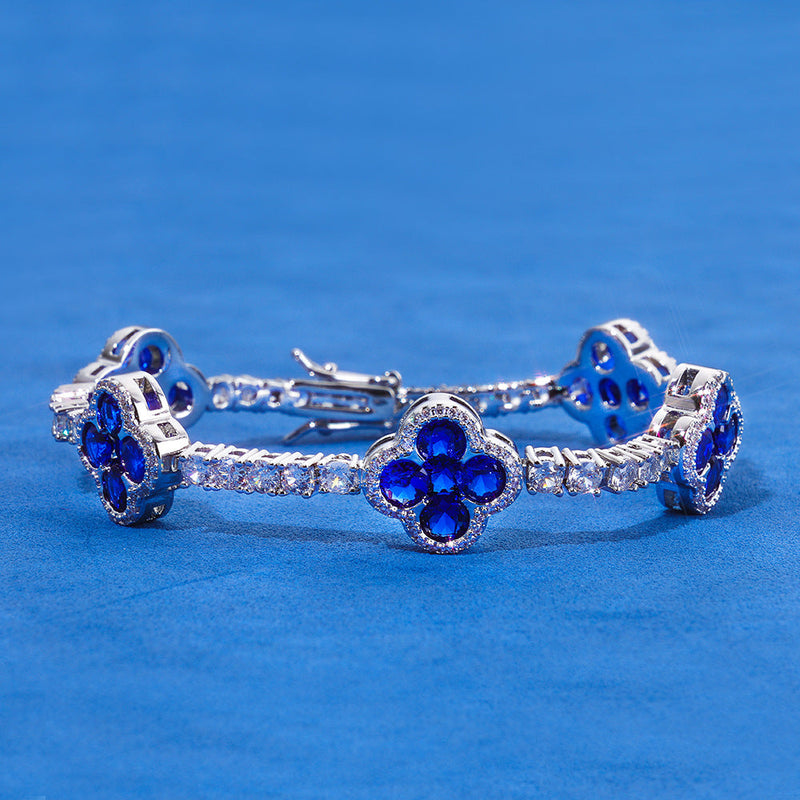 Blue Clover Flower Tennis Bracelet, 18k Gold Plated