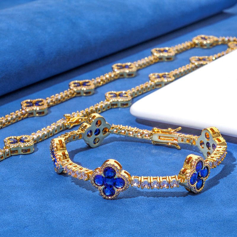 Blue Clover Flower Tennis Bracelet, 18k Gold Plated