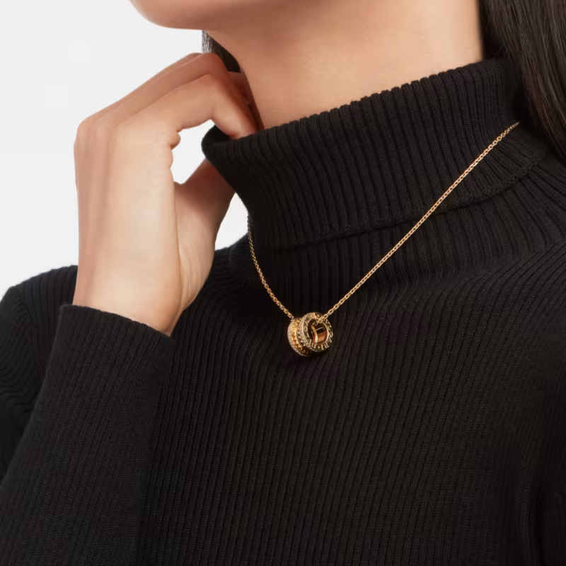 B.zero1 Rock necklace with 18 kt  gold plated pendant with studded spiral, pavé diamonds on the edges