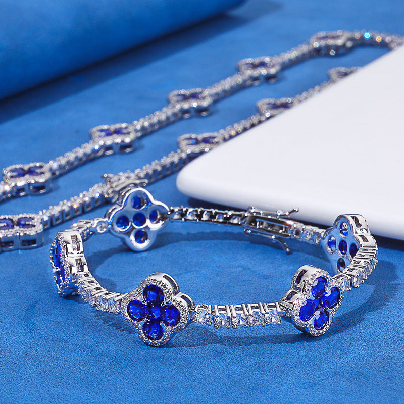 Blue Clover Flower Tennis Bracelet, 18k Gold Plated