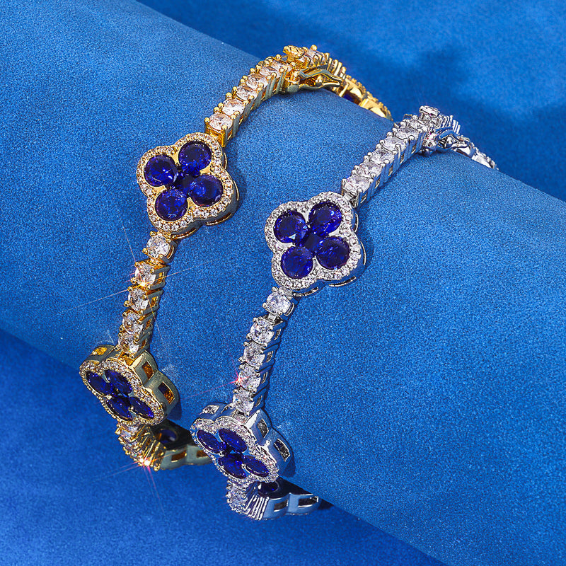 Blue Clover Flower Tennis Bracelet, 18k Gold Plated