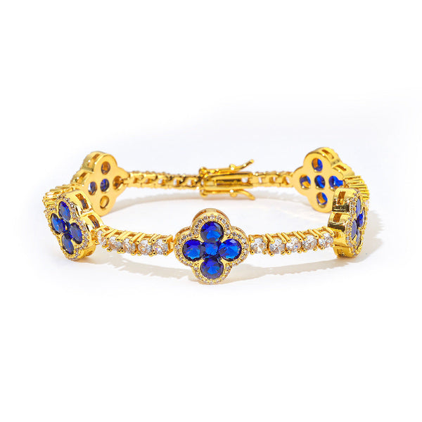 Blue Clover Flower Tennis Bracelet, 18k Gold Plated