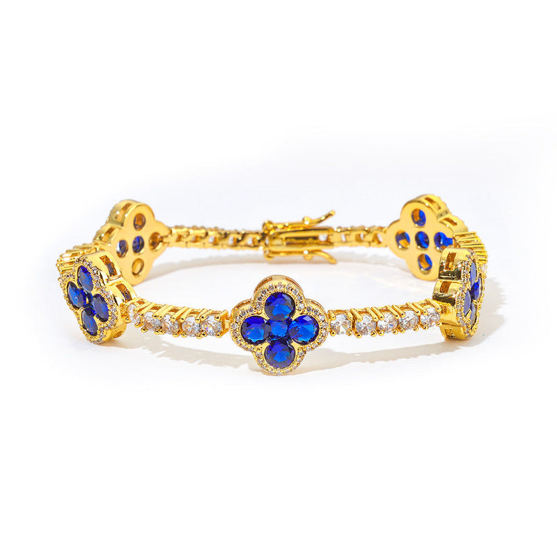 Blue Clover Flower Tennis Bracelet, 18k Gold Plated