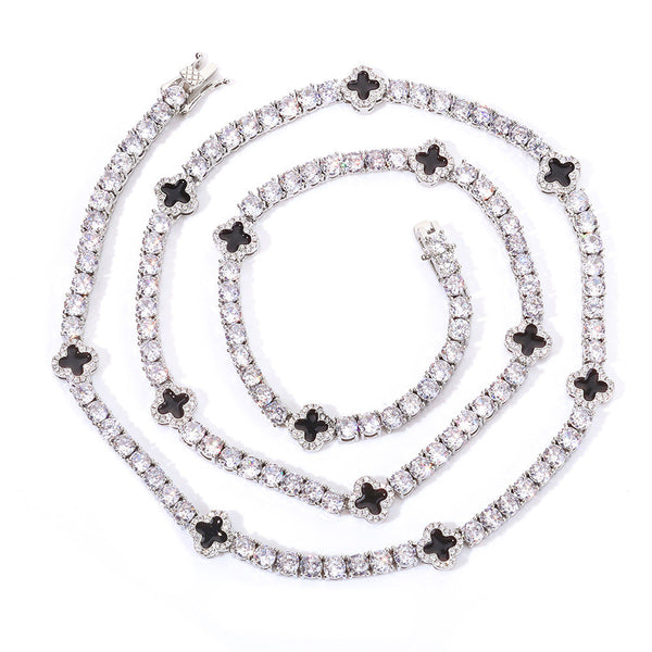 Black Zirconia Four-Leaf Clover Tennis Chain, Genuine Gold Plated