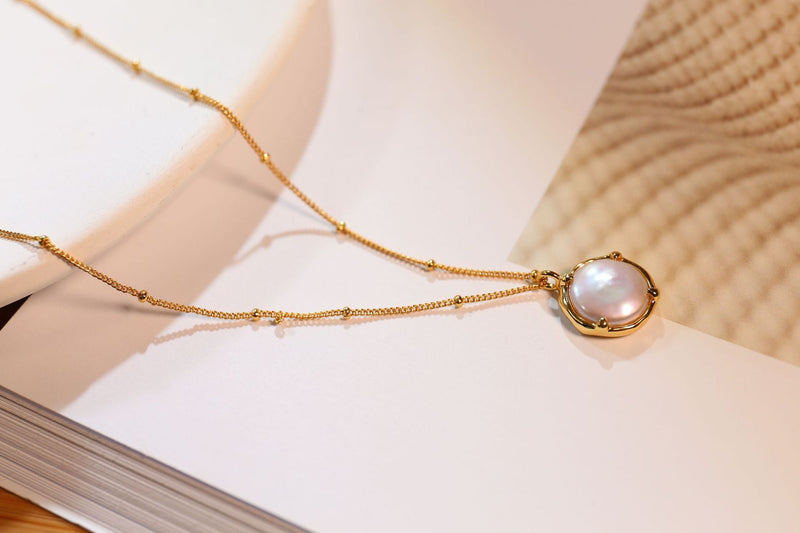 Baroque Button Pearl Necklace，925 Silver, 18k Gold Plated