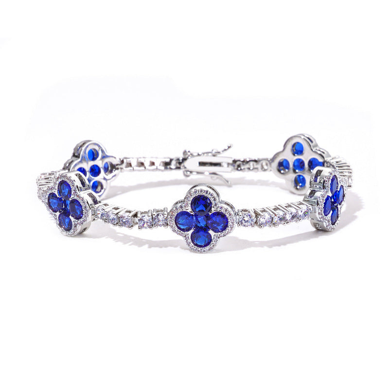 Blue Clover Flower Tennis Bracelet, 18k Gold Plated