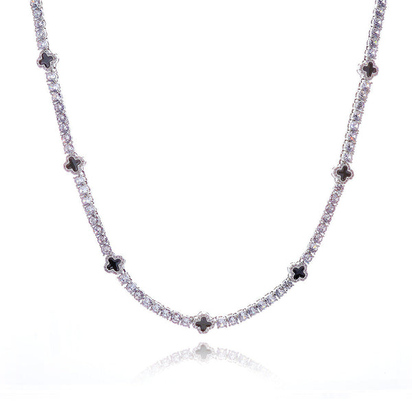 Black Zirconia Four-Leaf Clover Tennis Chain, Genuine Gold Plated