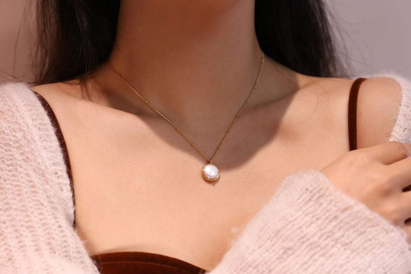 Baroque Button Pearl Necklace，925 Silver, 18k Gold Plated