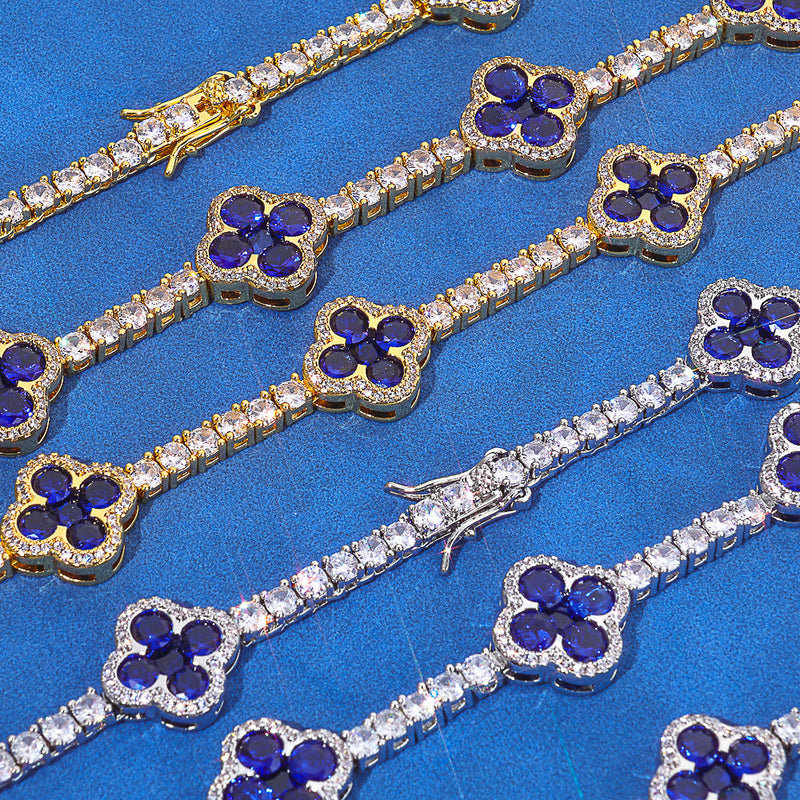 Blue Clover Flower Tennis Bracelet, 18k Gold Plated